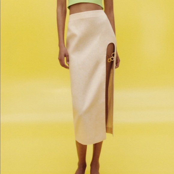 New Zara Midi Skirt 100% Linen Gold Detail - Picture 5 of 16